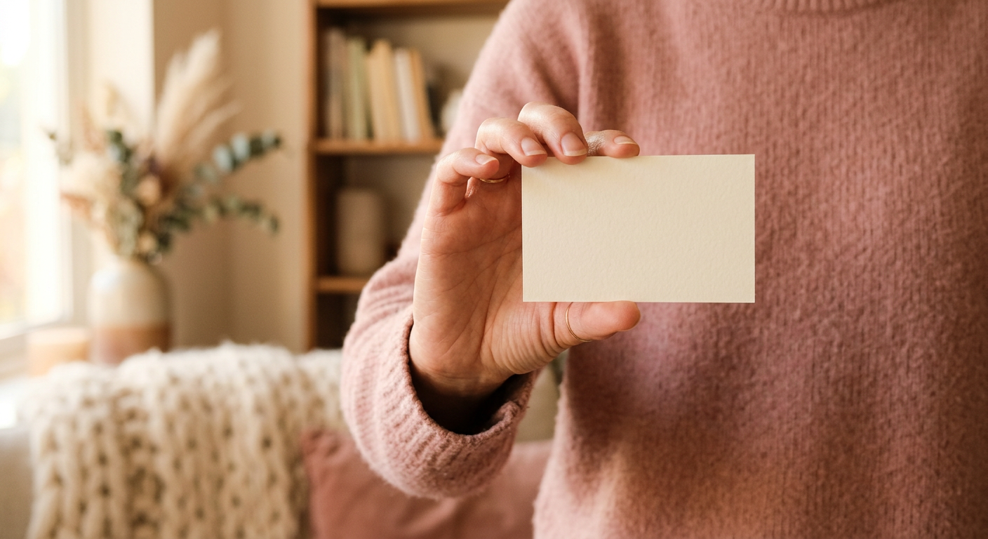 A creator at home holding a plain card toward the camera
