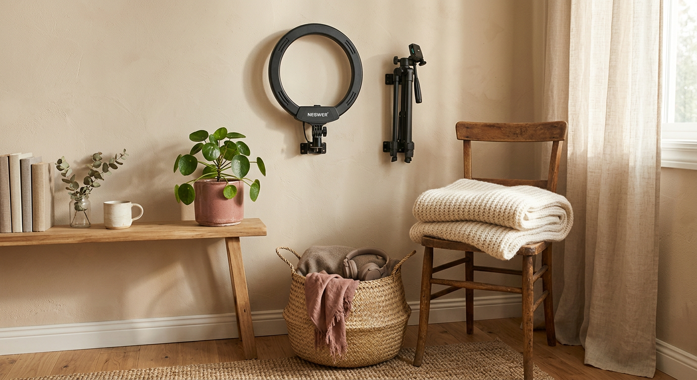A quiet, lived-in home corner with a wall-mounted ring light and tripod, a plant, and a folded blanket