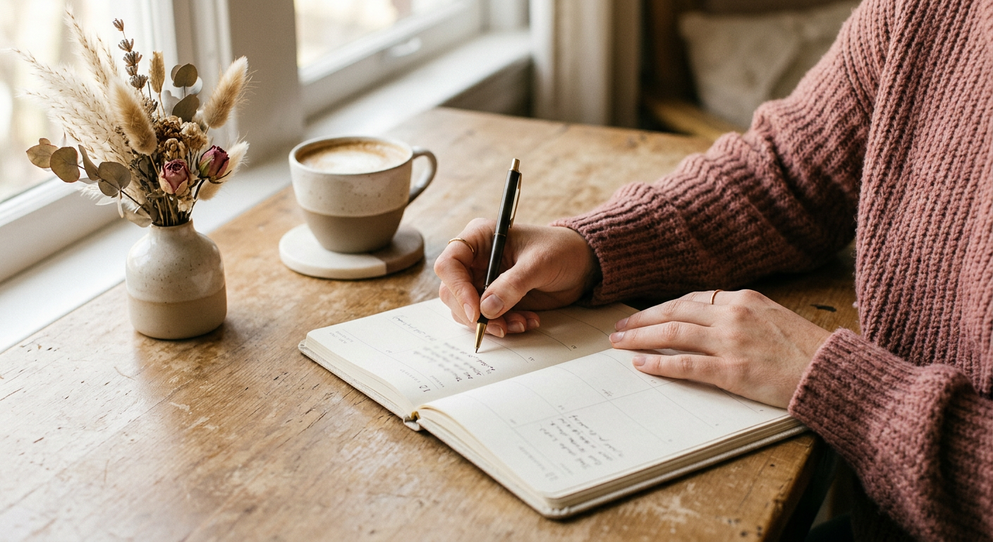 A creator handwriting her weekly content plan in a notebook beside a cup of coffee