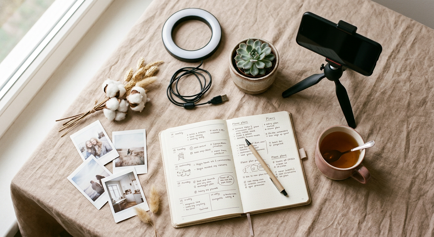 A solo creator's home workspace: a ring light, a phone on a tripod, an open planner, and a cup of tea on a warm linen desk